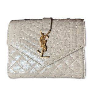 YSL Yves Saint Laurent Envelope Compact Tri Fold Wallet Matelasse Leather Beige